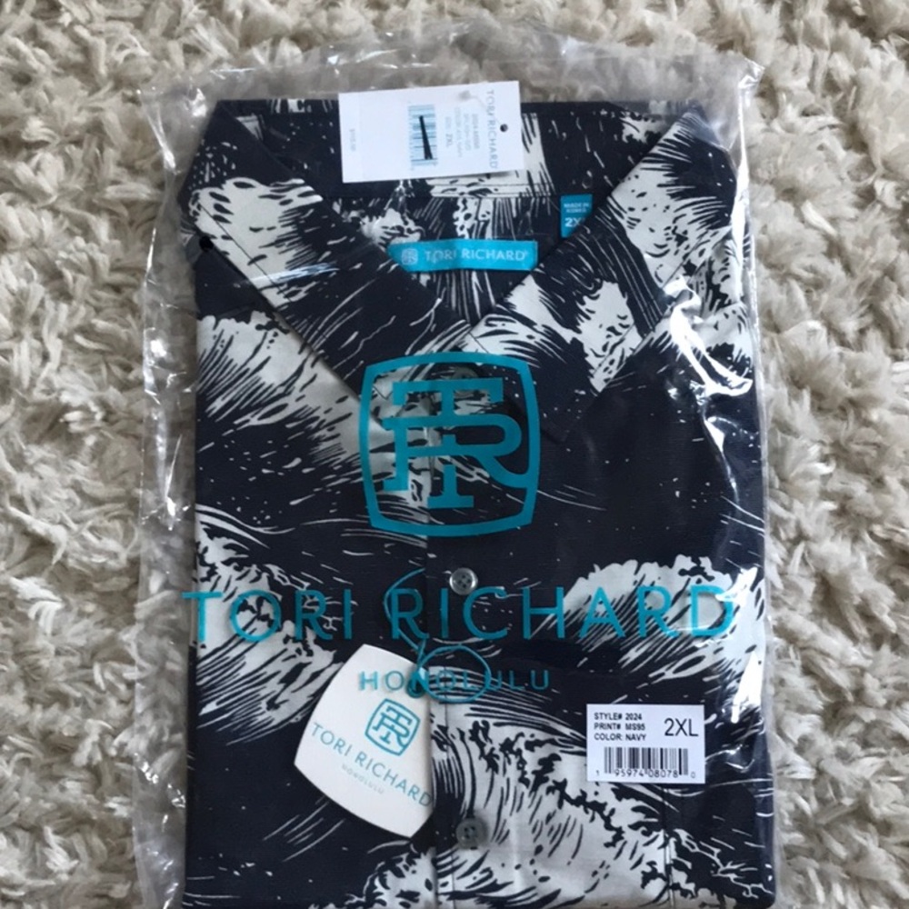 Navy Blue Wave Print Shirt Tori Richard - Picture 6 of 7